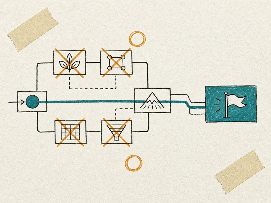 Diagram: a marked-up workflow map taped to paper, with crossed-out steps and one chosen route traced in teal to a finish flag.