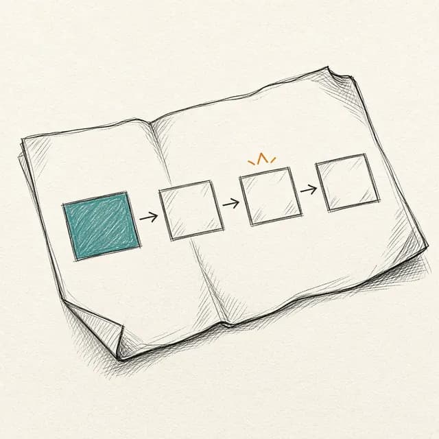 Sketch of a one-page plan with four sequenced blocks connected by arrows.