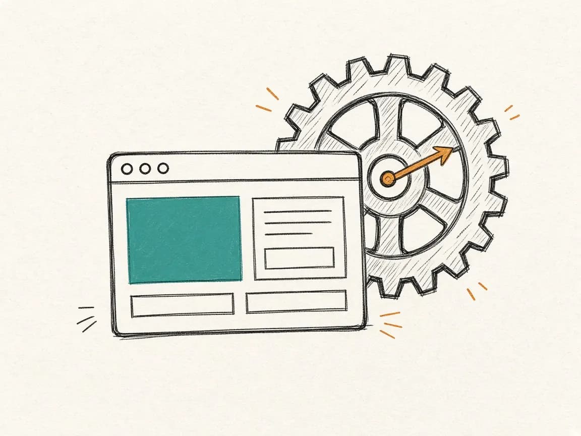 Sketch: a clean product window in front of a large, lagging internal-systems gear.