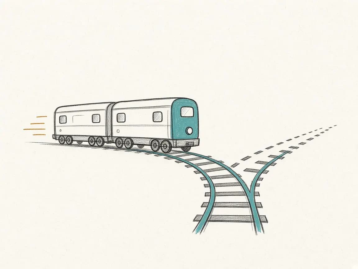 Sketch: a train switching tracks while still moving, the old track dashed and the new track teal.