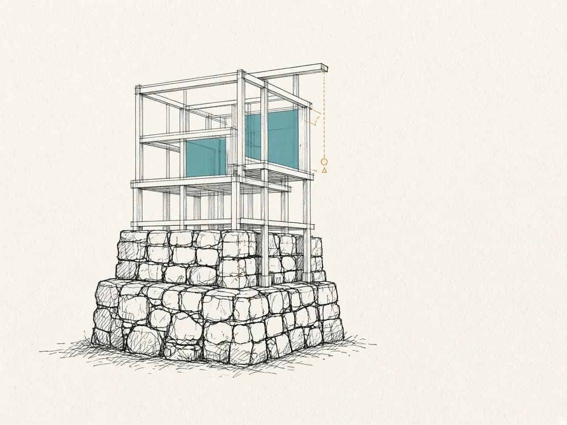 Sketch: a building growing taller on old stone foundations, with new teal beams above.