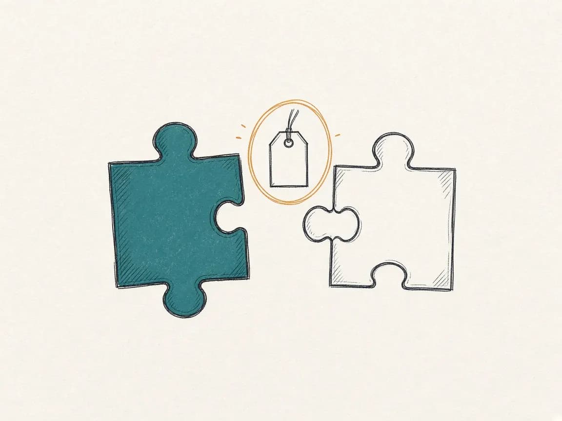 Sketch: two handshake-shaped puzzle pieces with an attribution tag hanging between them.