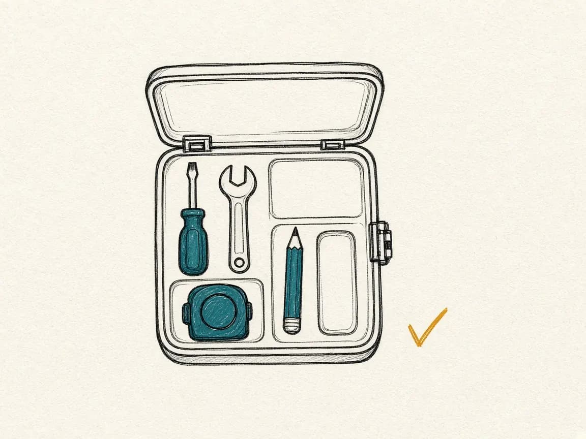 Sketch: a small toolkit with exactly four tools fitted neatly in place.