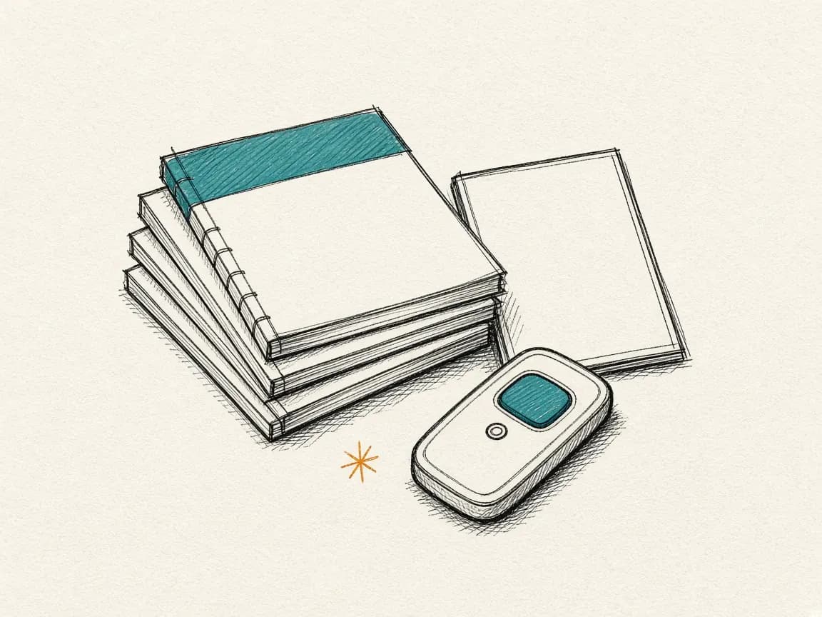 Sketch: a stack of short guides, a cue card, and a presenter's clicker.