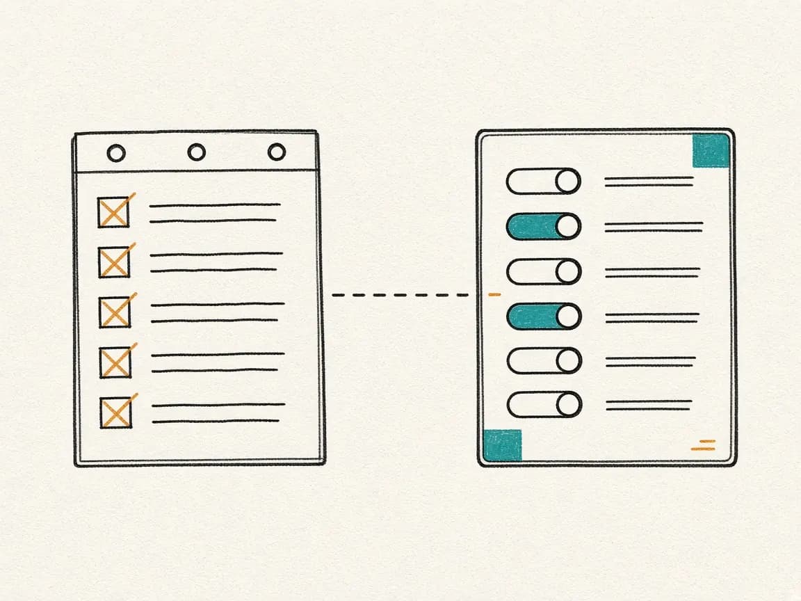 Sketch: a configuration checklist next to a system panel with toggles being set.