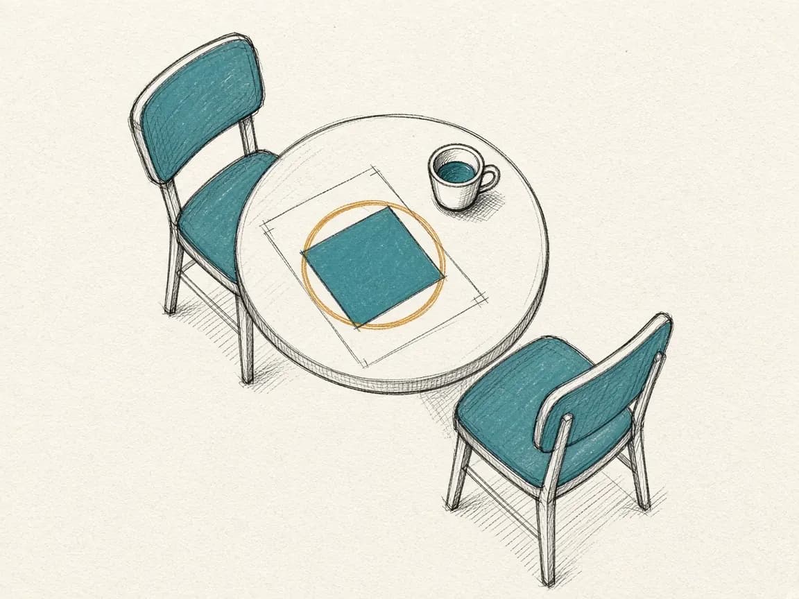 Sketch, top-down: two chairs at a small table with a single sheet between them marked with one decision.
