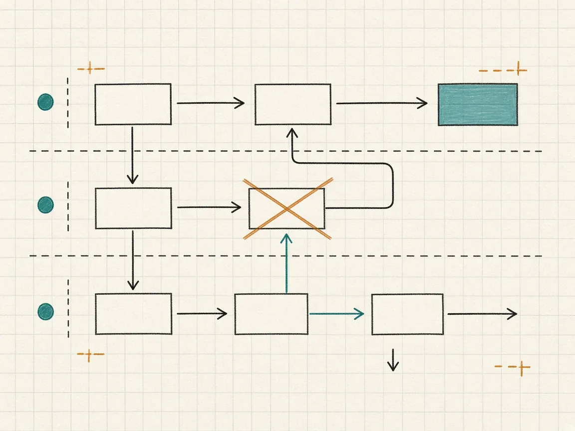 Diagram: a swimlane process drawn on graph paper with one redundant step crossed out.
