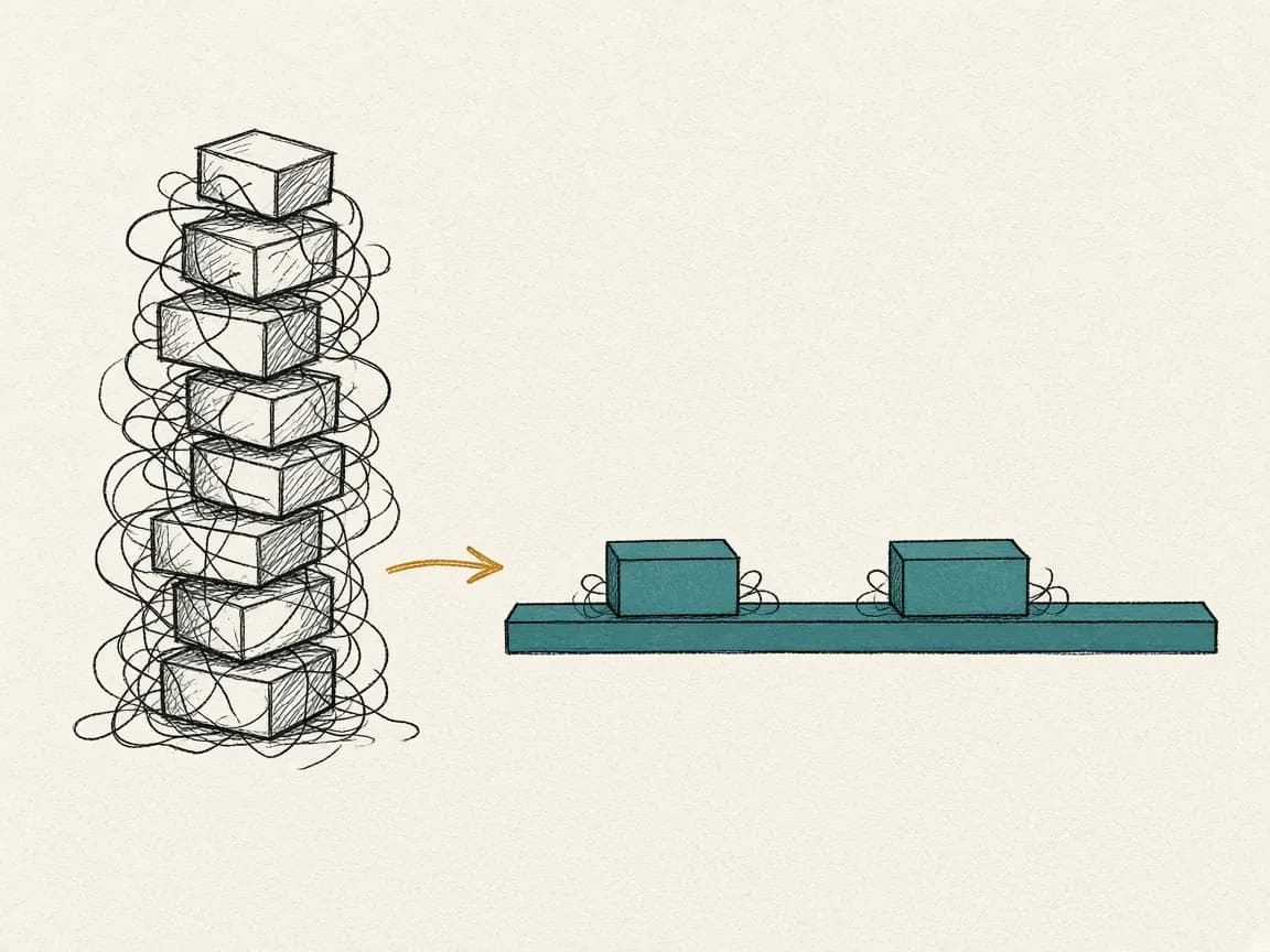 Diagram: a wobbly stack of old blocks being re-wired one by one onto a clean horizontal backbone.
