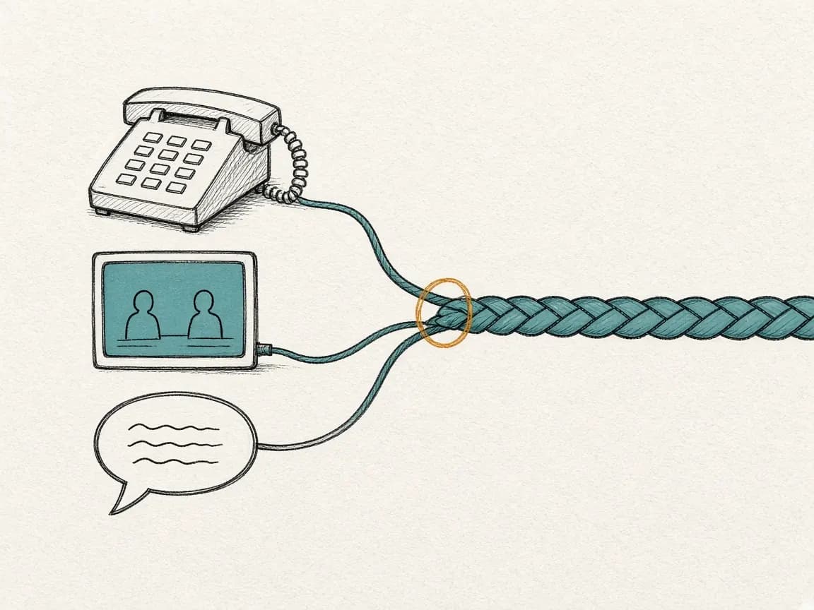 Diagram: a desk phone, a video window, and a chat bubble whose cords braid into one cable.