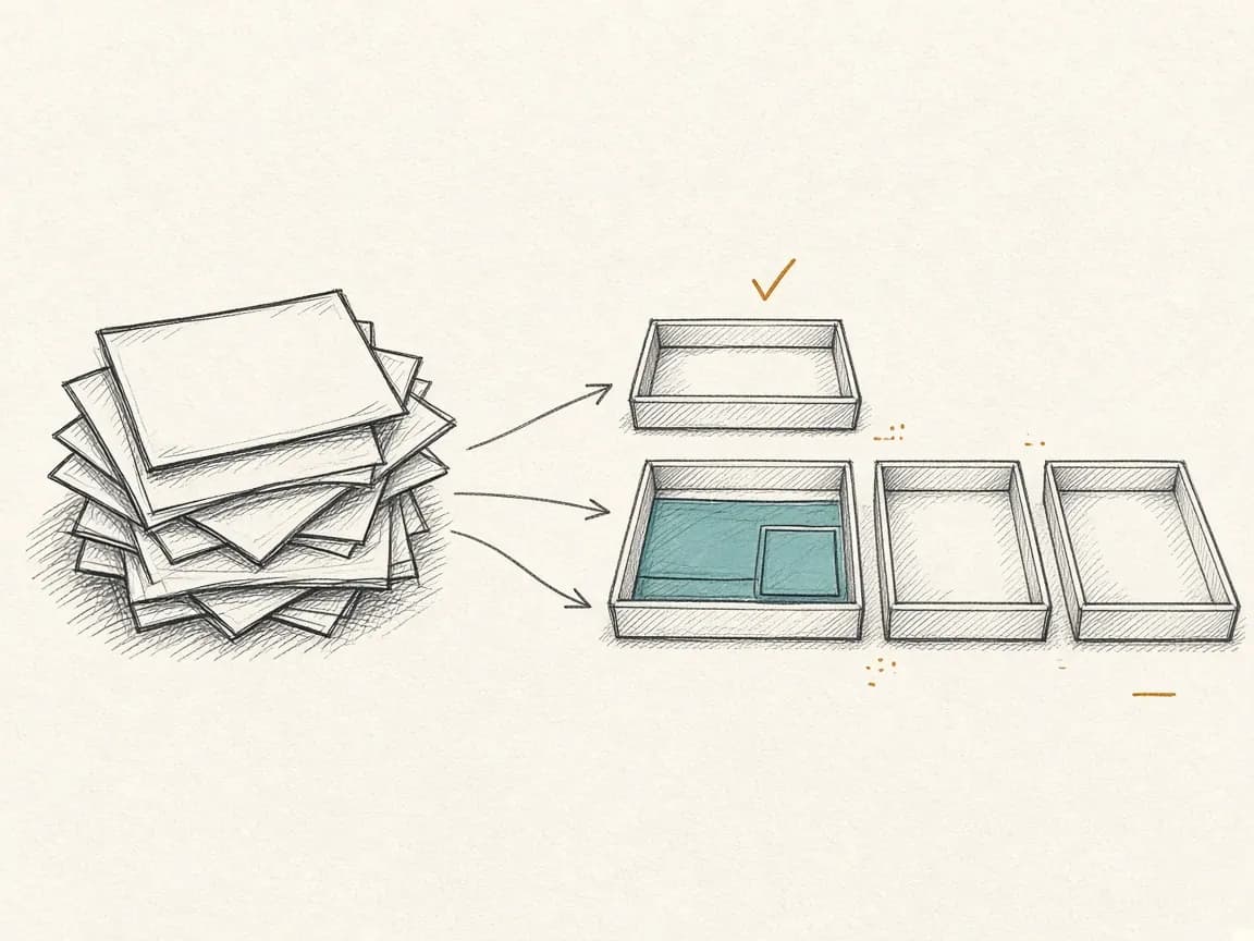 Diagram: a pile of overlapping subscription cards being sorted into four trays.